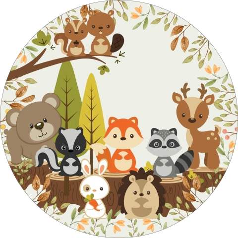 Painel de Tecido Sublimado Redondo Animais do Bosque Aquarela Era uma Vez c/elastico - 150x150cm