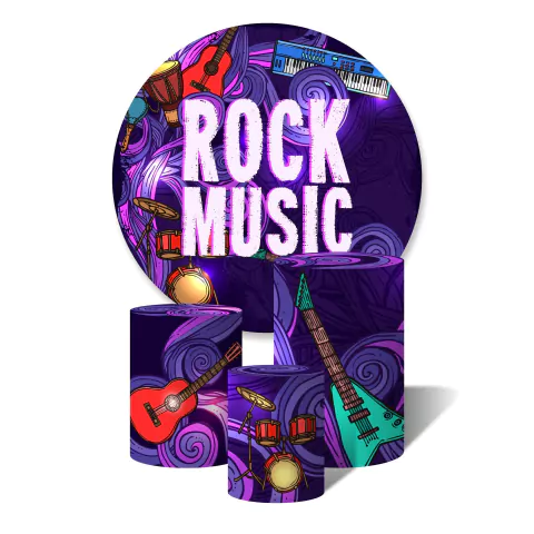 Trio de Capas Cilíndricas + Painel Redondo Sublimado c/Elástico Rock Musica Instrumento Poster Banda