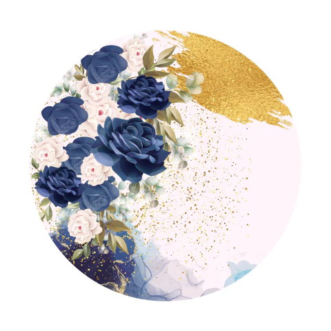 Painel de Tecido Sublimado Redondo Flores Azuis Glitter Dourado Aquarela C/ Elástico 150x150cm