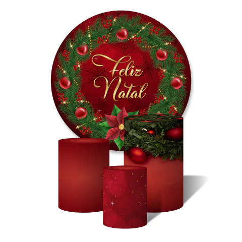 Trio de Capas Cilíndricas + Painel Redondo Sublimado c/ Elástico Feliz Natal Vermelho e Dourado Guirlanda