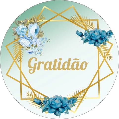 Painel de Tecido Sublimado Redondo Gratidão Flores Azuis Aros Dourados Fundo Degradê c/ Elástico 150x150cm