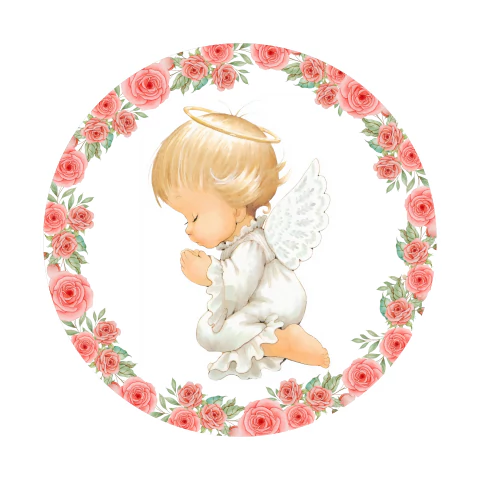 Painel de Tecido Sublimado Redondo Anjinho Rezando Ramos de Flores Cor de Rosa c/ Elástico 150x150cm