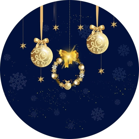 Painel de Tecido Sublimado Redondo Natal Azul Bolas Douradas c/ Elástico 150x150cm