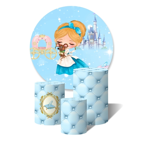 Trio de Capas Cilíndricas + Painel Redondo Sublimado c/ Elástico Cinderela Cute Capitone Azul