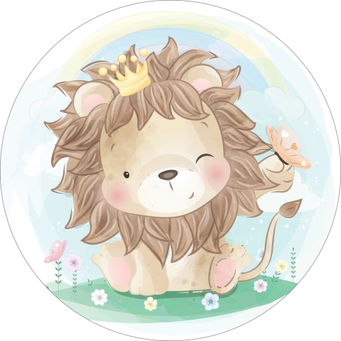 Painel de Tecido Sublimado Redondo Leãozinho Aquarela Rei da Selva C/Elastico - 150x150cm