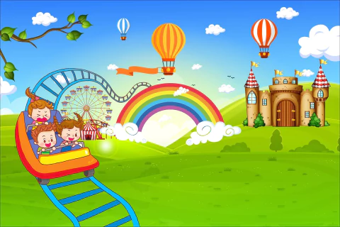 Painel de Tecido Sublimado Castelo no Parque de diversões Crianças Balões e nuvens