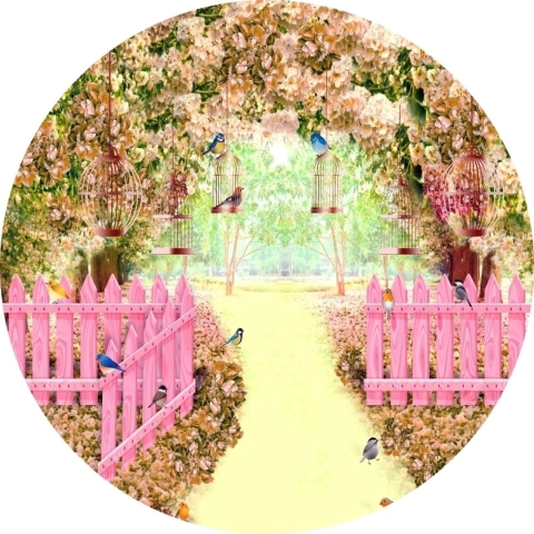 Painel de Tecido Sublimado Redondo Floresta florida cerca rosa C/ Elástico - 150x150cm