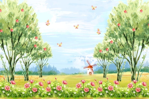 Painel de Tecido Sublimado Jardim e Moinho de Vento Aquarela