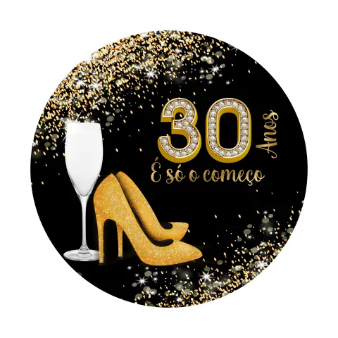 Painel de Tecido Sublimado Redondo Glitter e Brilho Dourado Taça e Salto C/ Elástico 150x150 cm