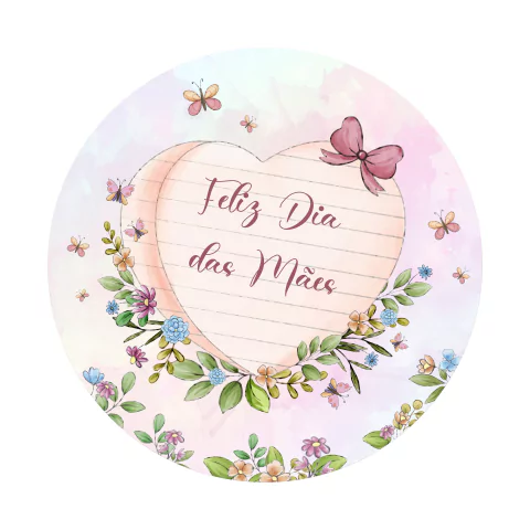 Painel de Tecido Sublimado Redondo Feliz dia das mães flores e borboletas aquarela c/ Elástico