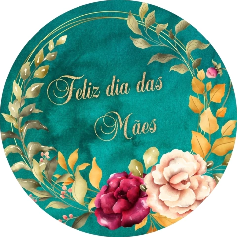 Painel de Tecido Sublimado Redondo Dia das Mães Flores Fundo Esmeralda c/ Elástico - 150x150cm