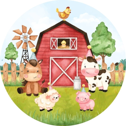 Painel de Tecido Sublimado Redondo Animais da Fazenda Festa de Aniversário C/ Elástico - 150x150cm