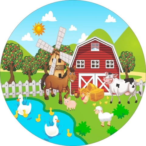 Painel De Tecido Sublimado Redondo Fazenda com Celeiro e Lago c/elastico - 150x150cm