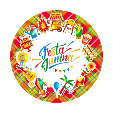 Painel de Tecido Sublimado Redondo Festa Junina Arraiá Xadrez Colorido Fogueira Balão Elementos c/ Elástico