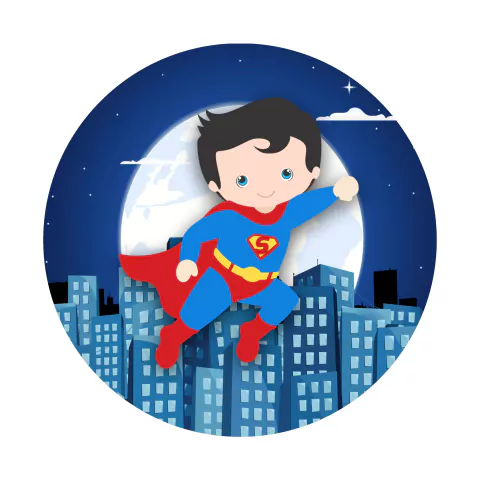 50Painel de Tecido Sublimado Redondo Super Herói Cute Cidade Noturna Lua Cheia c/ Elástico 150x150cm