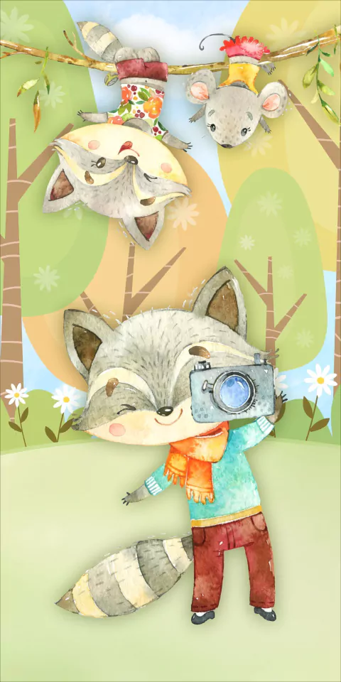 Painel Vertical de Tecido Sublimado Animais Felizes Brincando Floresta Aquarela -100x200cm