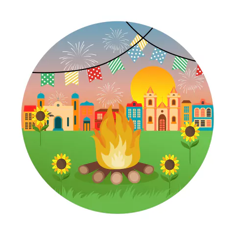 Painel de Tecido Sublimado Redondo Festa Junina Arraiá Por do Sol Fogueira Girassóis c/ Elástico 150x150cm