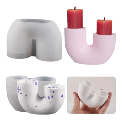 Molde Silicona Porta Vela Candelabro Forma U Resina Cemento Yeso