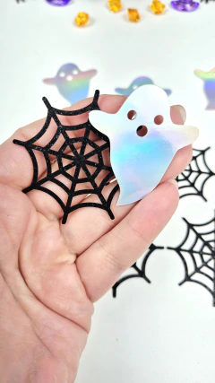 Kit Apliques de Halloween – Fantasma Holográfico e Teia com Glitter (10 unidades)