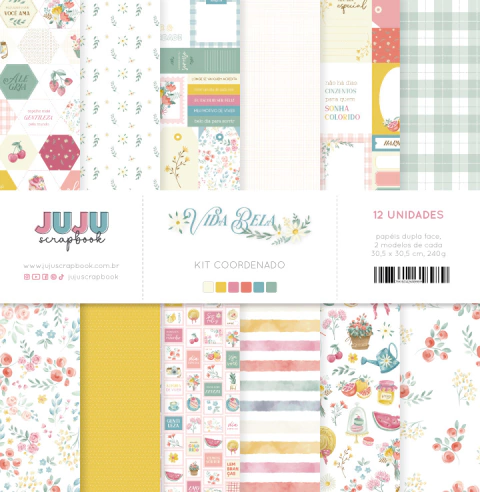 Kit Coordenado com 12 papeis - Coleção Vida Bela | JuJu Scrapbook