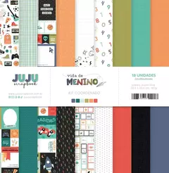 Kit Coordenado com 18 papéis - Coleção Vida de Menino - Juju Scrapbook