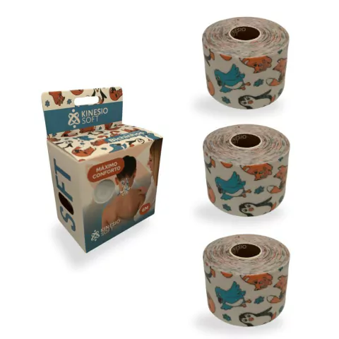 KIT 03 Rolos de Bandagem Elastica Adesiva KinesioSport SOFT 5cm x 6m - Bichinhos