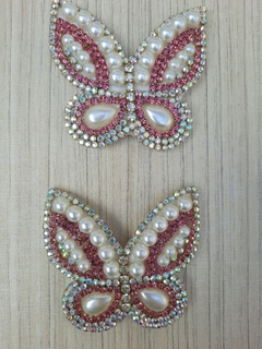 BORBOLETA FELTRO CREME/STRASS ROSA G (B003)