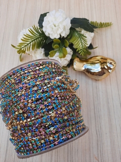 Corrente de strass banho dourado strass Multicolorido PP24 (SS12)