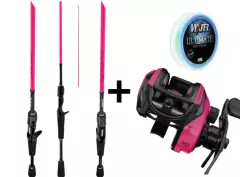 Kit Accept Rosa Carretilha + Vara 5'8 20LB + Linha Vexter Ultimate 0,37mm Azul