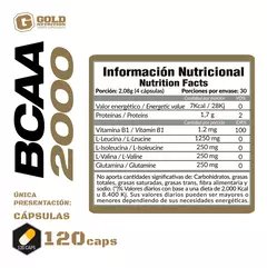 Aminoácidos Encadenados Ramificados 120 Tab Sabor Sin saborBcaa 2000 120caps Gold Nutrition Aminoácidos - SUPLEMENTOSONLINE.FIT
