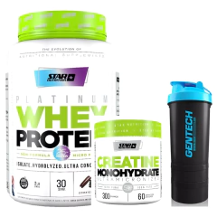 Star Nutrition Platinum Whey Protein 907g pote + Creatina Pura 300g pote + Vaso SEGUN STOCK - SUPLEMENTOSONLINE.FIT