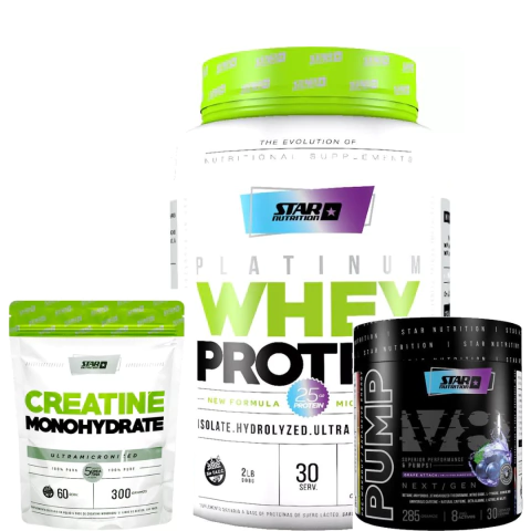 COMBO WHEY PROTEIN pote + CREATINA 300GS doypack + PRE ENTRENO PUMP V8 STAR NUTRITION - comprar online