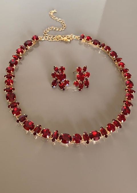 Conjunto Jolie colar e brinco e com pedra vermelha