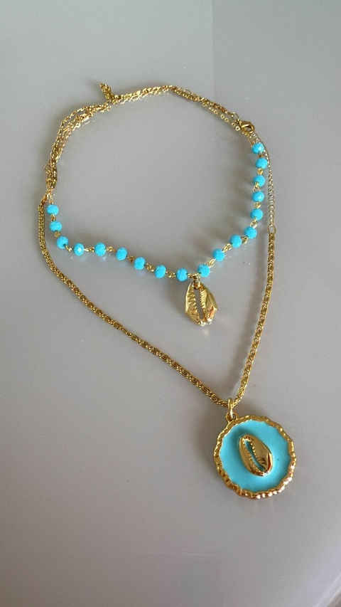 Conj Colares Búzios Dourado com Cristais Azul