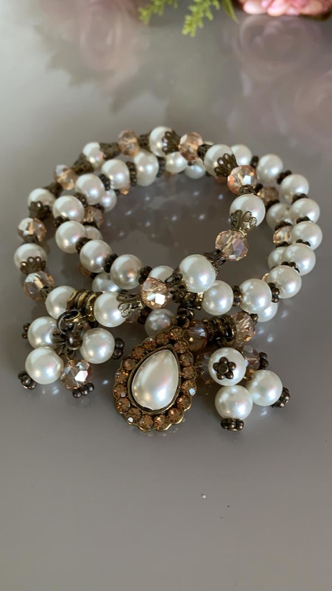 conjunto 3 pulseiras com perolas e cristais