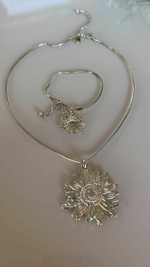Conj Gold Colar e Pulseira Girassol Prata