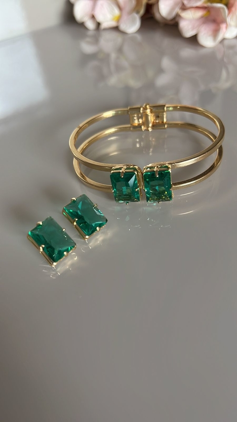 Conj Quadrado Bracelete e brinco Pedras Zirconias verdes