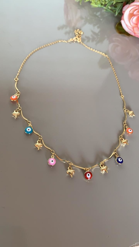 Choker dourada com olho grego colorido