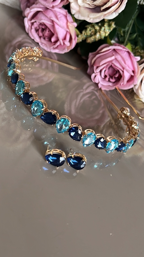 conj tiara e brinco gota tons azuis