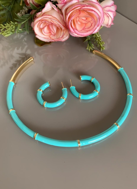conjunto choker e argola azul e dourado