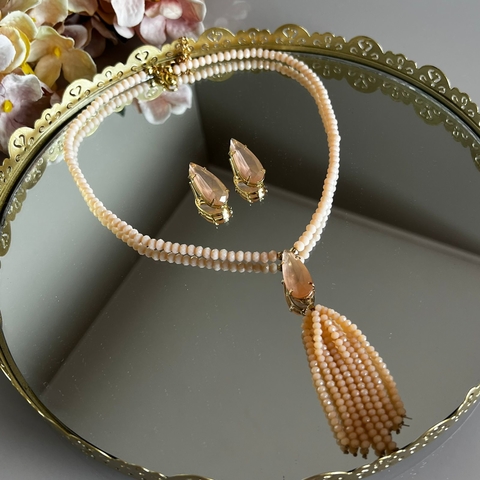 Conj Colar e Brinco Samia Cristais Rose com Gota Rose Fosco