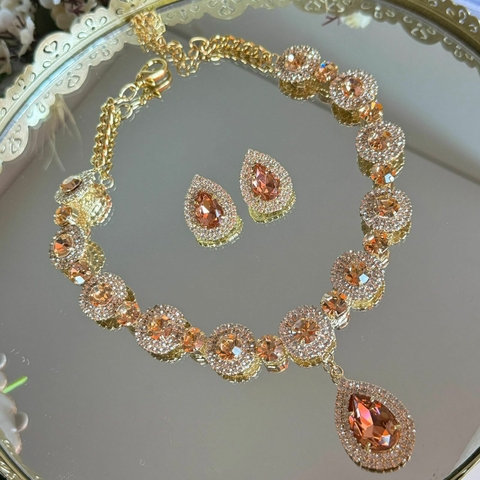 Conj Regina Colar e Brinco Stras Rose com Gota