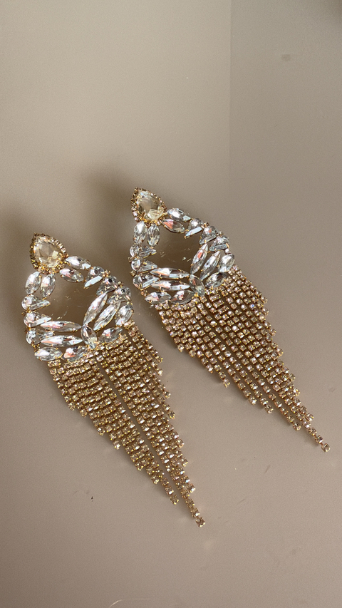 Brinco franjas strass com dourado pedra cristal