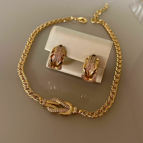 Conj Colar e brinco Elos Dourado com Zircônia