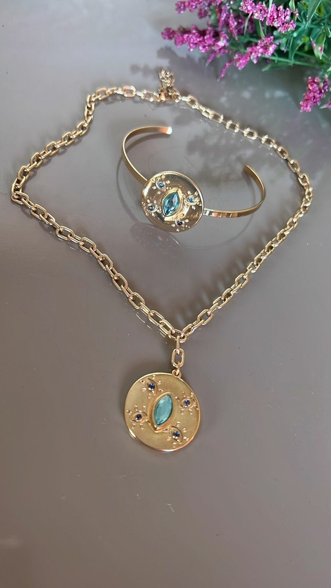 Black conjunto Belinda aberto dourado com azul