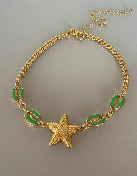 Choker Sereia com Búzios Verde Resinados e Estrela com Pérolas
