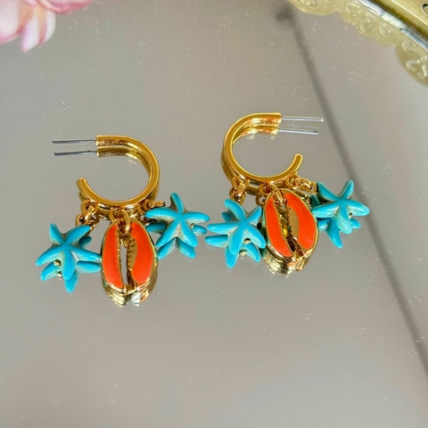 Argola Sereia Estrela Azul com Búzio Laranja