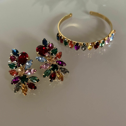 Conj Gardênia Bracelete e Brinco Navetes Coloridos e Gotas Vermelhas
