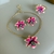 Conjunto colar, bracelete e Brinco Orquídea Cattleya rosa com Violeta