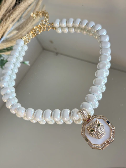 Colar dourado verniz italiano com pérola Shell pingente madrepérola com animal print